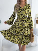 Women Clothing Spring Summer Retro Trumpet Sleeve Wooden Ear Waist A Line Dress