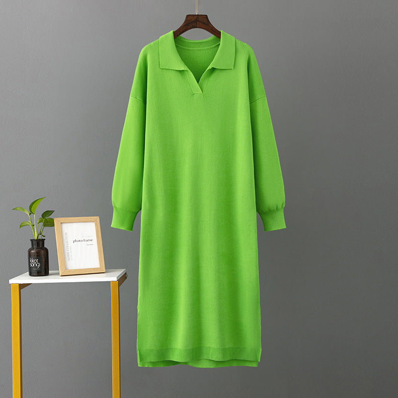 Autumn Winter Polo Collar Base Knitting Loose Solid Color Women Dress