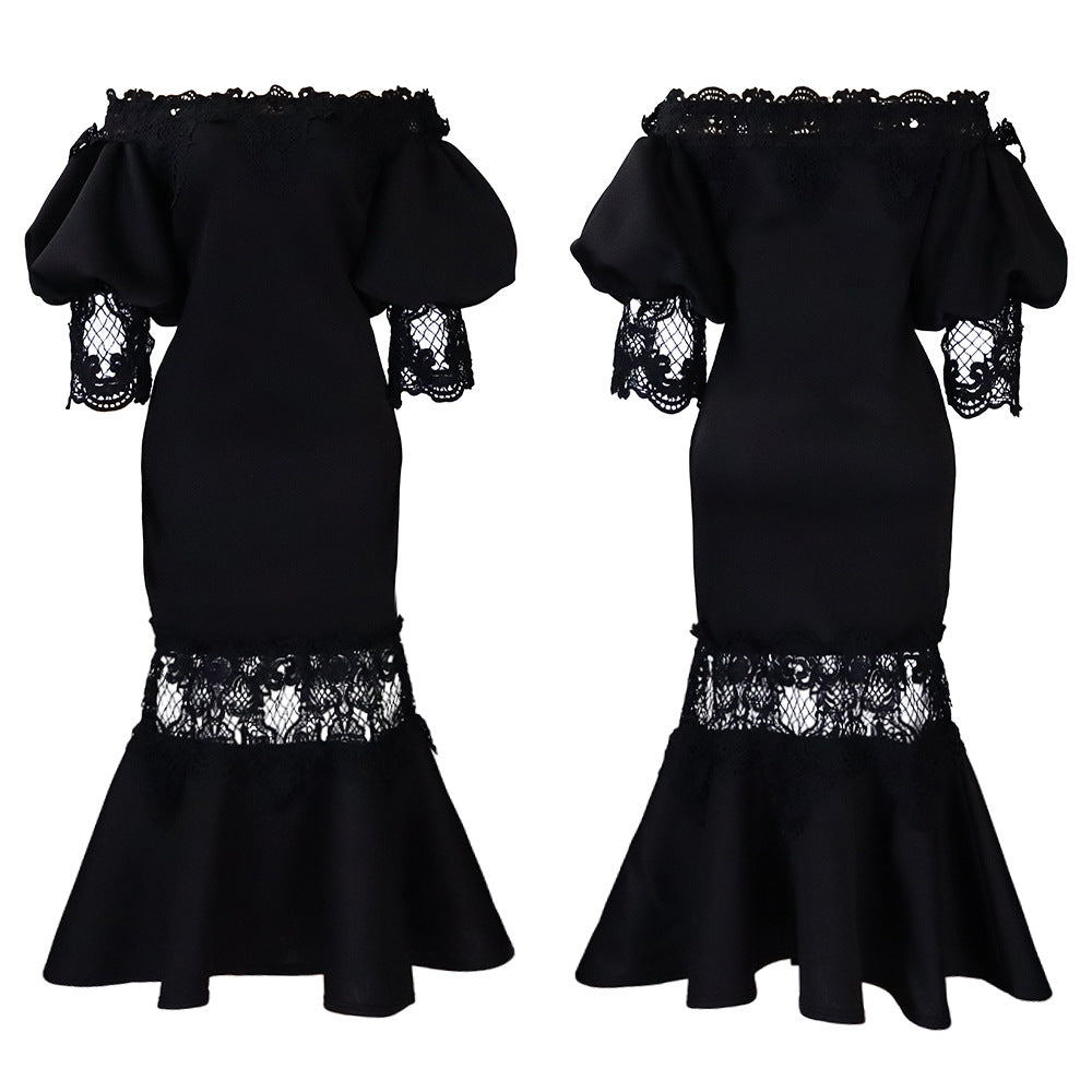 D368 cross-border women's fashion temperament lace off-the-shoulder fishtail party sexy party dress foreign trade dress