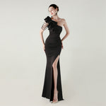 One Shoulder Craft Beading Wave Floral Satin High Slit Sexy Evening Dress Dinner Party Wedding Social