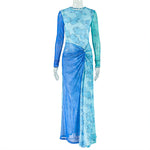 Women Clothing Waist Tight Socialite Slimming Hip Dress round Neck Print Long Sleeves Split Dress