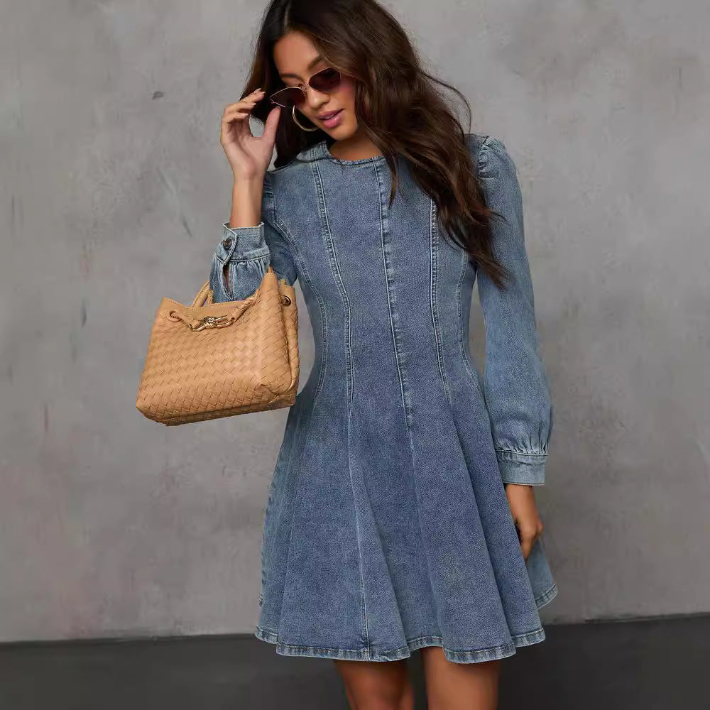 Autumn Casual Patchwork Tight Waist Women Denim Long Sleeve Dress