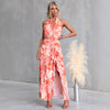 Printed Sexy V neck Backless Halter Fashionable Stringy Selvedge Dress