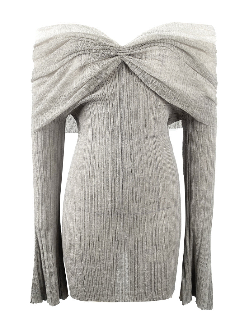 Los Angeles Designer off-Shoulder Tube Top Dress Contrast Color Pleated Low Cut Long Sleeve Waist Slimming Hip Dress