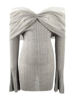 Los Angeles Designer off-Shoulder Tube Top Dress Contrast Color Pleated Low Cut Long Sleeve Waist Slimming Hip Dress
