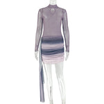 Gradient Women Clothing Slightly Transparent Slim Stand Collar Hip Dress Color Matching Long Sleeve Summer Short Dress