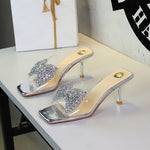 Rhinestone Bow Square Toe Open Toe Slippers Transparent Slip on Stiletto Heel Outdoor Slippers