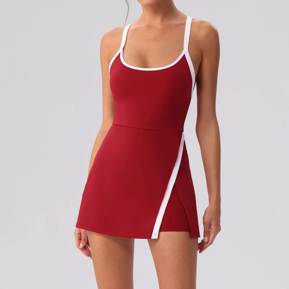 Color Contrast Tennis Dresses Women Beautiful Back Hollow Back Cross Split Skirt Pocket Sports Fitness One-piece Yoga Golf Suit