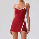 Color Contrast Tennis Dresses Women Beautiful Back Hollow Back Cross Split Skirt Pocket Sports Fitness One-piece Yoga Golf Suit