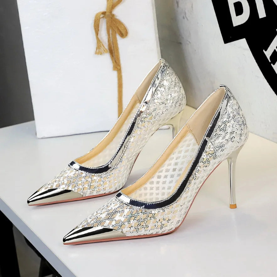 BIGTREE 2026 Fashion Metal Decoration Mesh Hollow Pointed Toe Woman Pumps Thin Heels Party Ladies Shoes Zapatillas De Mujer