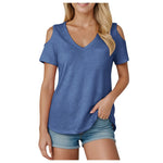 Women V Neck Cold Shoulder Short Sleeve T Shirt Soft Loose Fit Solid Color Basic Tees Spring Summer Casual Daily Streetwear 2026