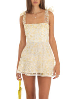 Women Fashion Double Layer Backless Cami Dress Summer Casual Floral Print Tie-Up Shoulder Strap Mini Dress Grey/Pink/Yellow