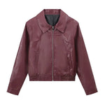 Foridol Wine Red Vintage Faux Leather PU Coat for Women Long Sleeve Turn Down Collar Zipper Autumn Winter Coat Jacket