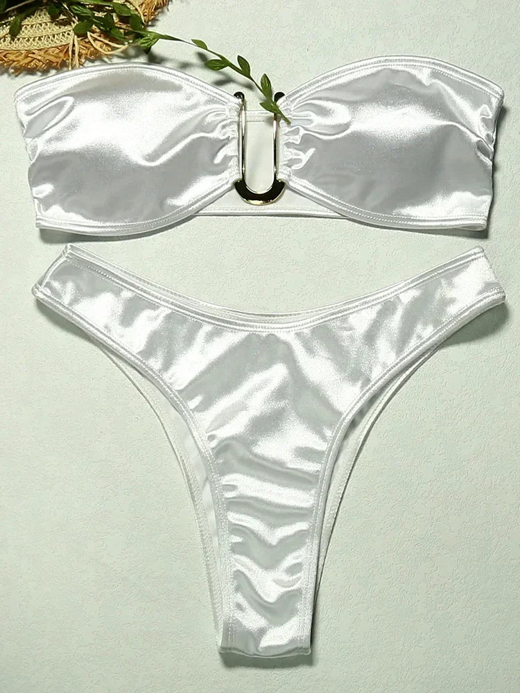 Bandeau Bikinis 2025 Strapless Satin Bikini Female Swimsuit Women Swimwear Two-pieces Bikini Set High Cut Bathing Suit Swim Lady