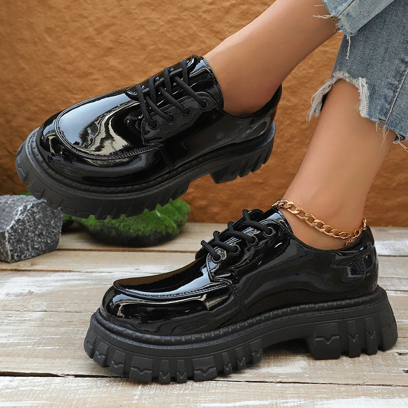 Black Patent Leather Platform Loafers Women 2025 Autumn Thick Bottom Pu Leather Shoes Woman Plus Size Lace Up Student Shoes 42
