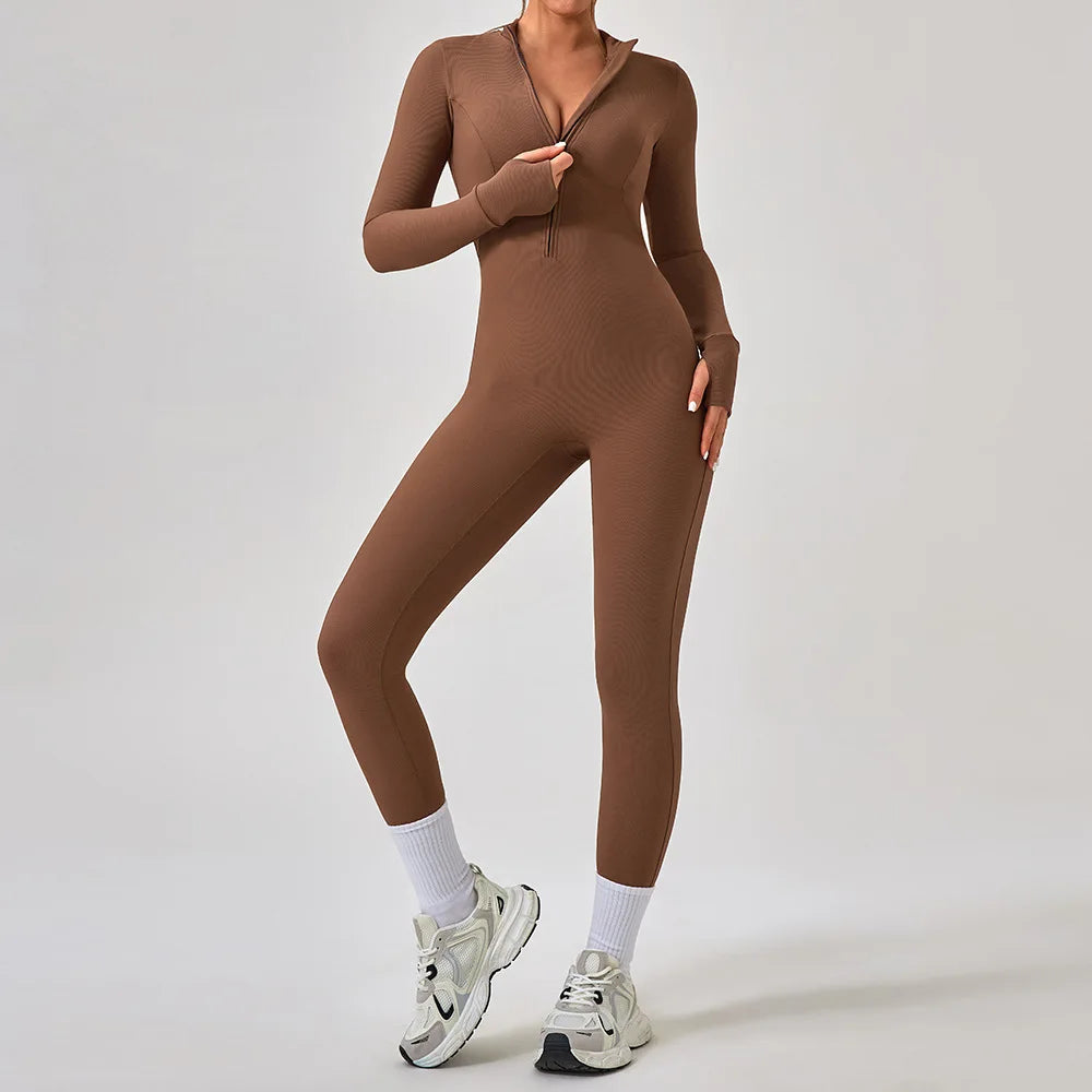 Women's Jumpsuits One-Piece Suit Yoga Set Zipper Long Sleeve Gym Push Up Workout Clothes Fitness Bodysuit Sportswear Tracksuit
