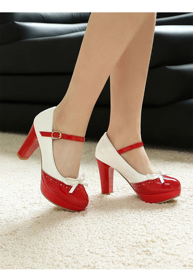 Plus Size Crossed Thin Ribbon Bow Shallow High-Heeled Shoes Patent Leather Splicing White PU Sweet Lolita Style Pumps