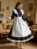 Women's Black White Maid Costume Cosplay Lingeries Ruffle Apron Long Sleeve Dresses for Halloween Party Role Play French Outfit
