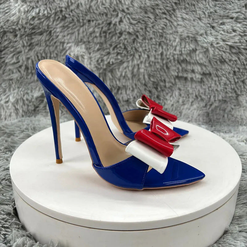 blue patent leather Pointy ToeSandals WithBow Women Summer Casual Thin High Heel Shoes Female Outfit Evening Cross Strap Mul