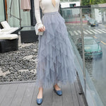 Flowy Hem Versatile Cake Skirt Women Midi Skirt Elastic High Waist Mesh Yarn Decor Long Skirt Solid Color