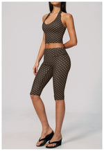New Summer Women White Polka Dot Print Yoga Sets Hanging Neck Slim Sport Vest High Waist Mid Pants Gym Two-piece Workout Clothes