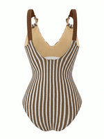 Vintage Black Striped Swimwear Skirts Set Women 2026 Metal Buckle Strap V Neck Slimming Bathing Suit Holiday One Piece Swimsuit
