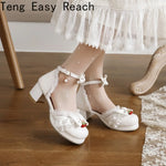 Women's White Pink Bowknot Single Sandals Ruffles High Heels Girls Student Mary Janes Lolita Party Dress Shoes Size 32-48 French