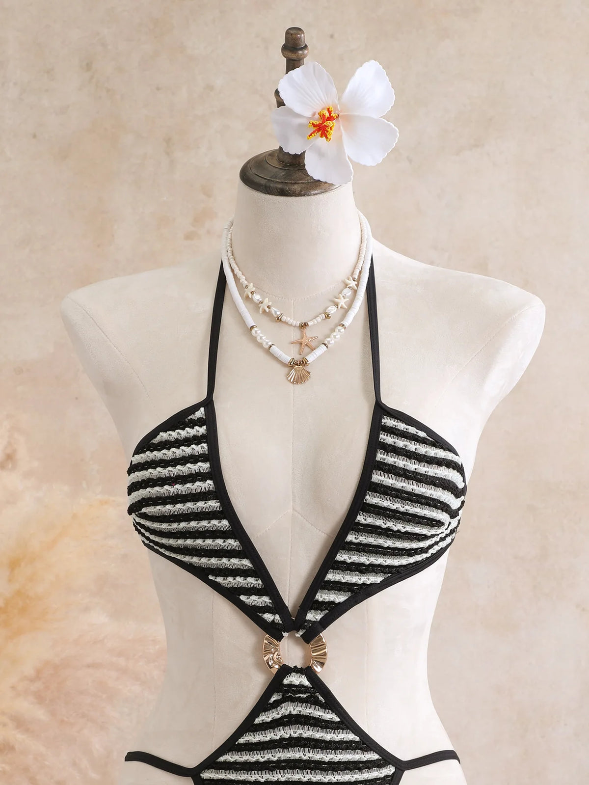 Sexy Black Stripe Knitted One Piece Swimwear Skirts Sets 2026 Women Metal Circle Hollow Out Backless Bathing Suit Thong Swimsuit