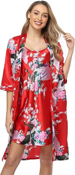 Women's Floral Satin Kimono Robe and Nightgown Set with Camisole 2 Piece Sleepwear Peacock Bathrobe