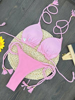 Sexy solid color special fabric swimsuit women's split bikini set woven rope hanging neck beach swimwear