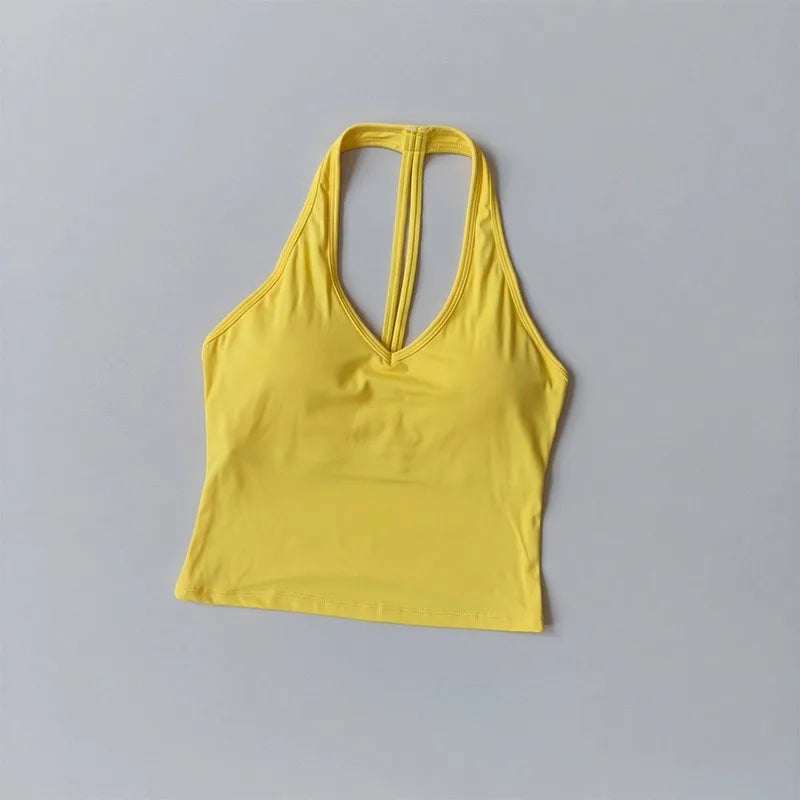 Women's Summer V-Neck Yoga Sports Vest Hanging Back Neck Design Outdoor Running Training Gathered Fit Active Wear Top