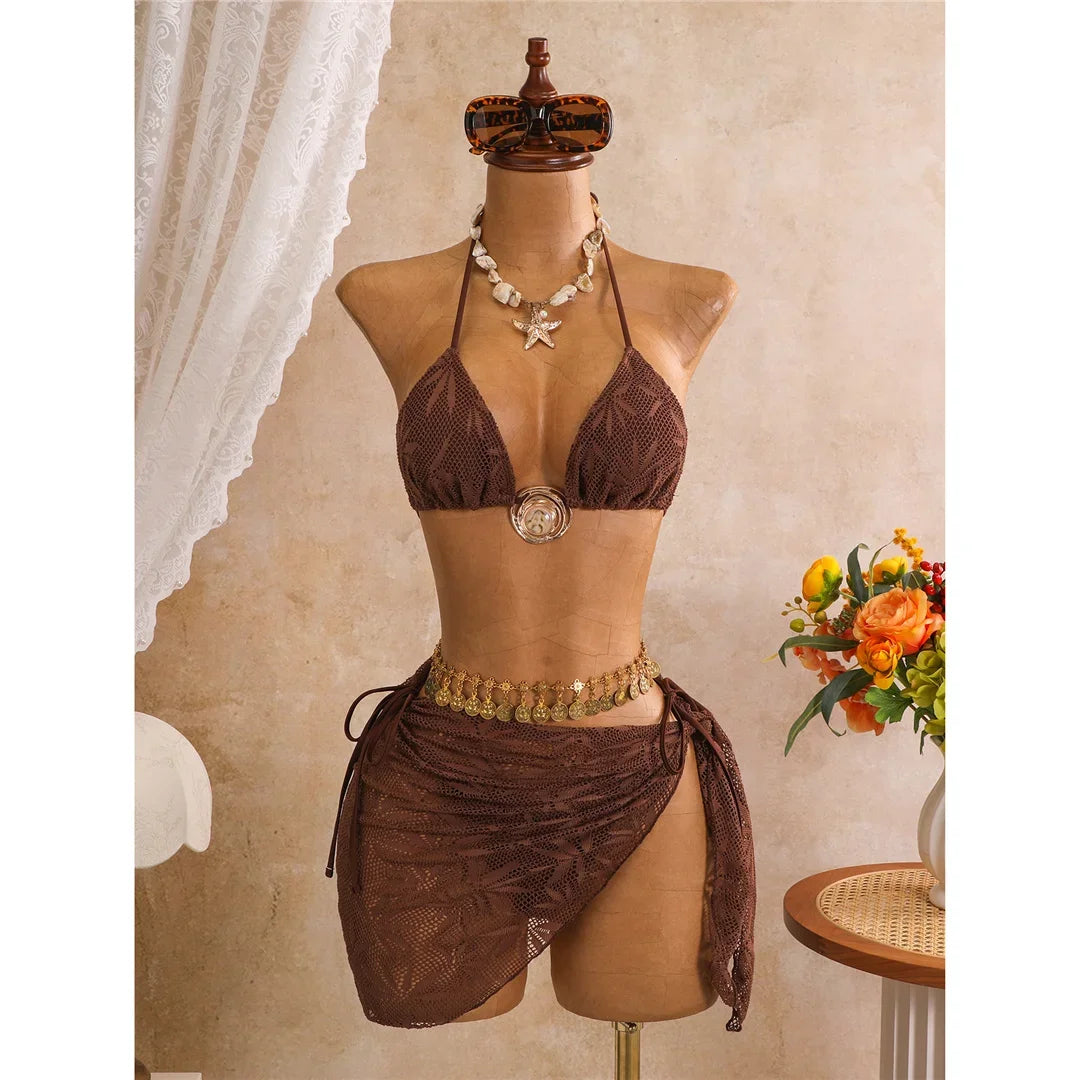 New Leaves Printed Halter Bikini Suit Female Swimsuit Women Swimwear Bather Bathing Suit Swim Three-Pieces Bikini Set