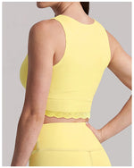 Sexy Fake Two-piece Yoga Tank Top Naked Feel Lace Trim V Neck High Stretch with Bra Pads Gym Running Fitness Dance Tank Top