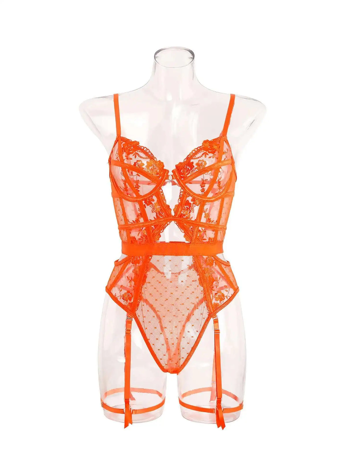 Sexy Transparent Solid Color Flower Print Lace Mesh Bodysuits Backless Deep V Suspenders Sleeveless Bodysuits Pure Desire QABP