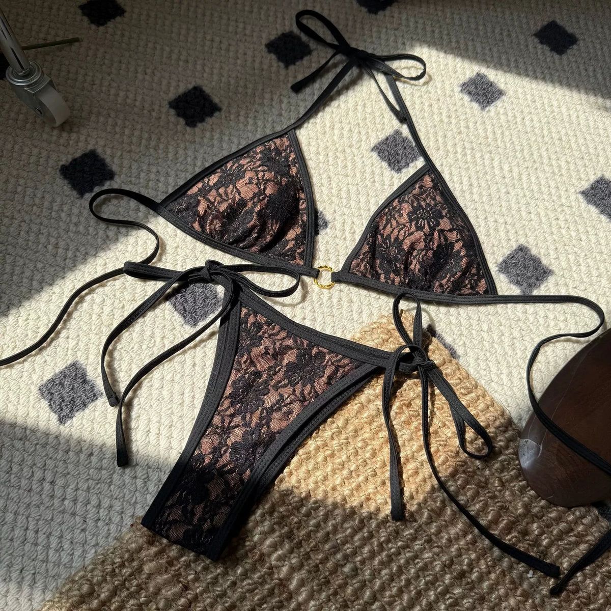 DEKA Lace Print Micro Bikini Set Women Double Strap Push Up Tie Side Triangle Swimsuit Bathing Suit Thong Swimwear