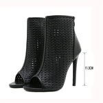 Big Size 42 Sexy Black Hollow Out Summer Boots Women Chic Peep Toe Thin High Heels Zip-up Ankle Boots Party Shoes