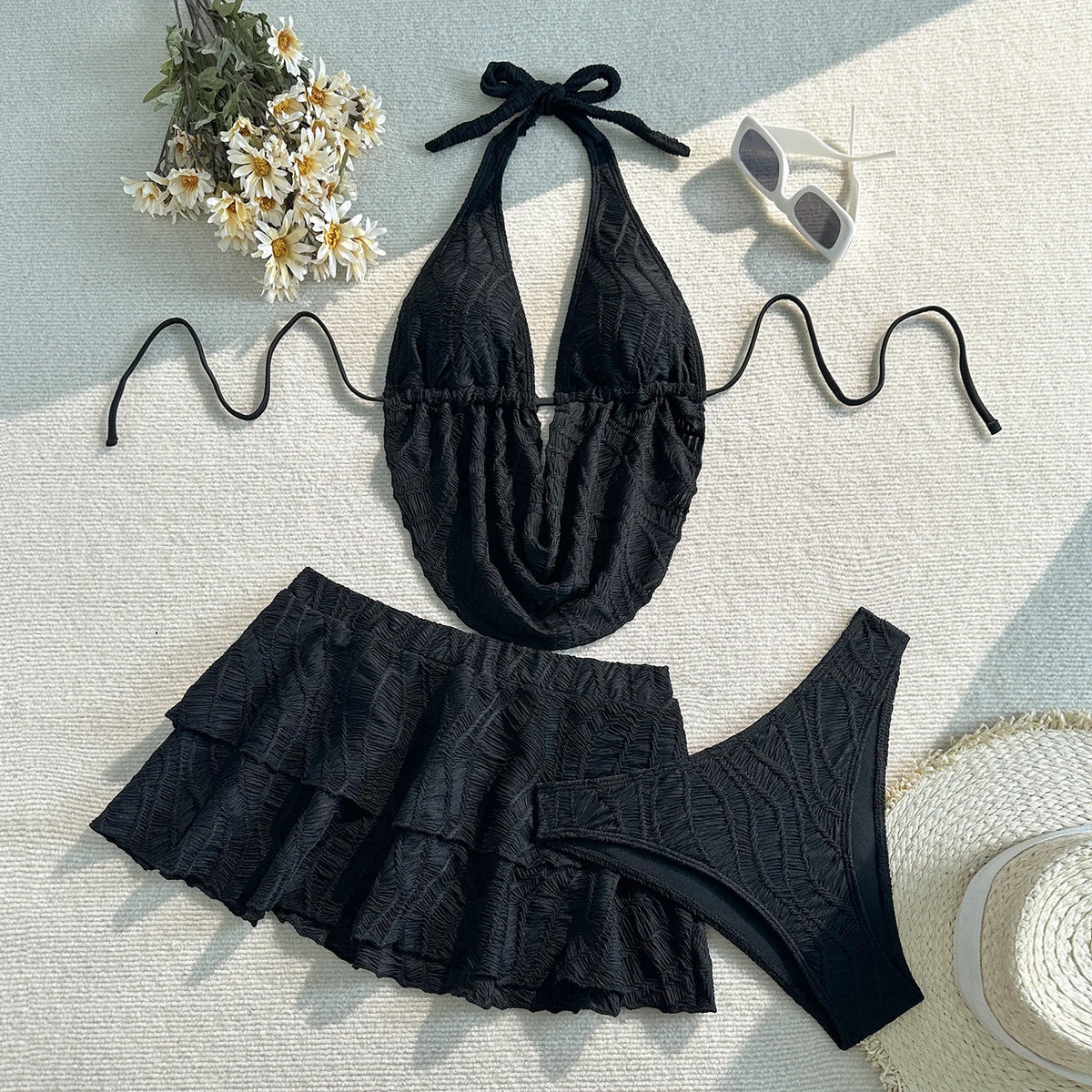 3PC with Skirt Wrinkled Halter Tankini Bikini Women Swimwear Female Swimsuit Three-pieces Bikini Set Bathing Suit Swim Beachwear