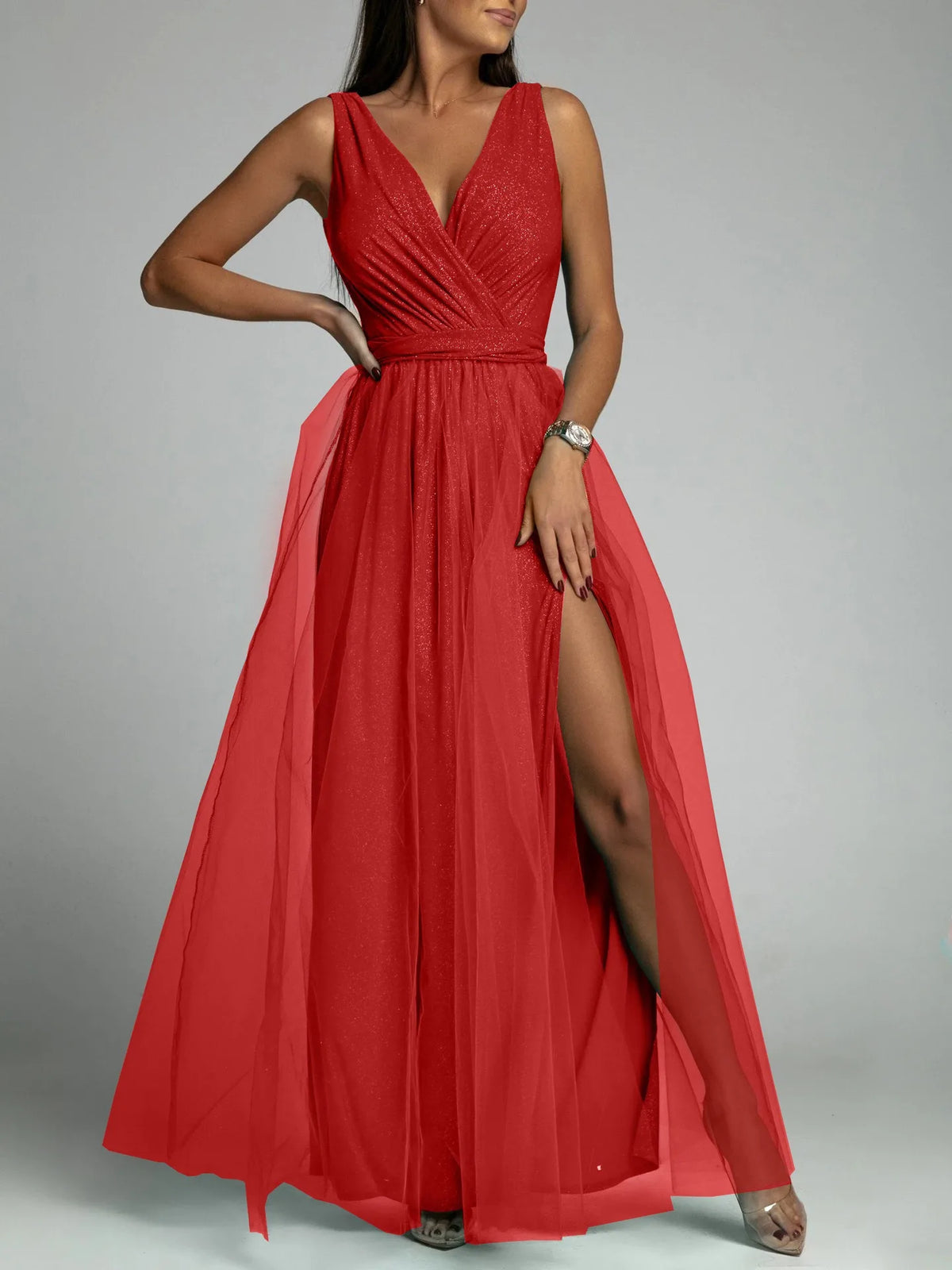 Elegant Solid Color Fine Sparkle Party Dresses Women Temperament V-neck Leace-up Mesh Slit Long Dress Evening Vestidos Female