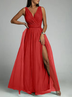 Elegant Solid Color Fine Sparkle Party Dresses Women Temperament V-neck Leace-up Mesh Slit Long Dress Evening Vestidos Female