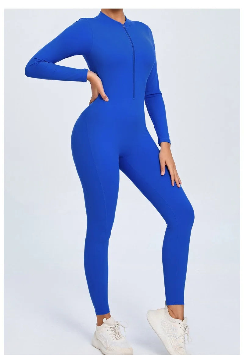 Women's Seamless Yoga Bodysuit Long Sleeve Zipper & Back Cutout Naked Feeling Quick-Dry Running Fitness Workout Jumpsuit