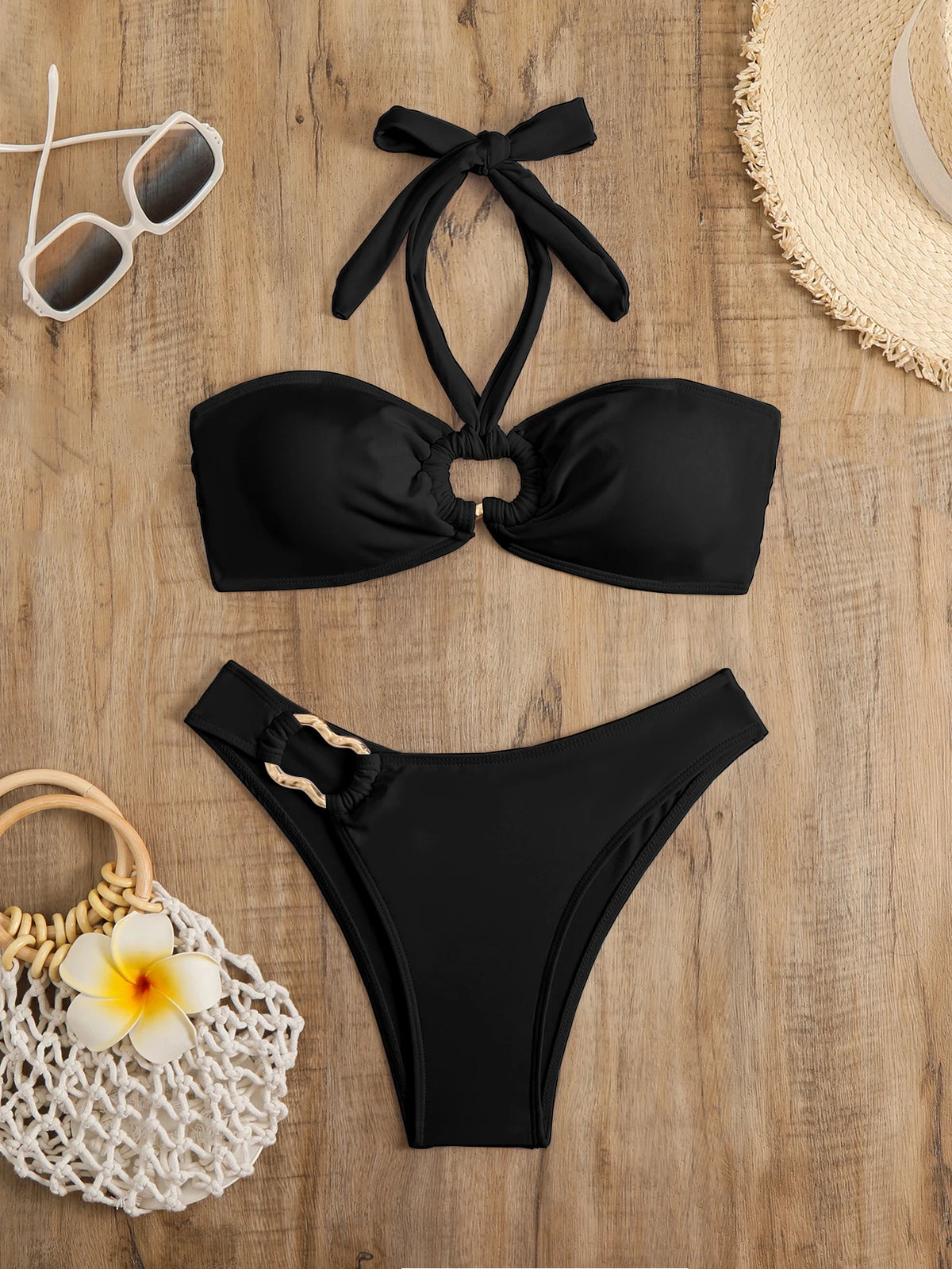 Halter Bikinis 2026 Women Bandeau Swimsuit Solid Sexy Ring Link Swimwear Female Bathers Bathing Swimming Swim Suit Beachwear