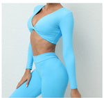 Long Sleeve Gym Crop Tops for Women Twist Deep V Workout Quick Dry Padded Sports Fitness Yoga T-Shirt
