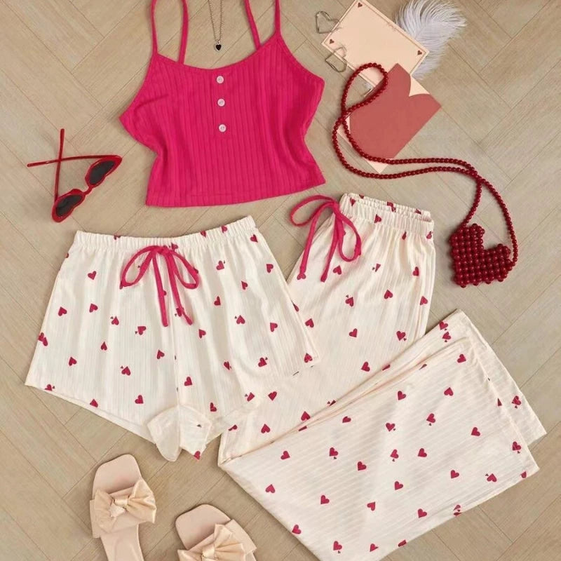 Three Piece Printed Vest Shorts and Bow Drawstring Pants Casual Women's Cute Heart-Shaped Print Paired with Home Pajamas Set