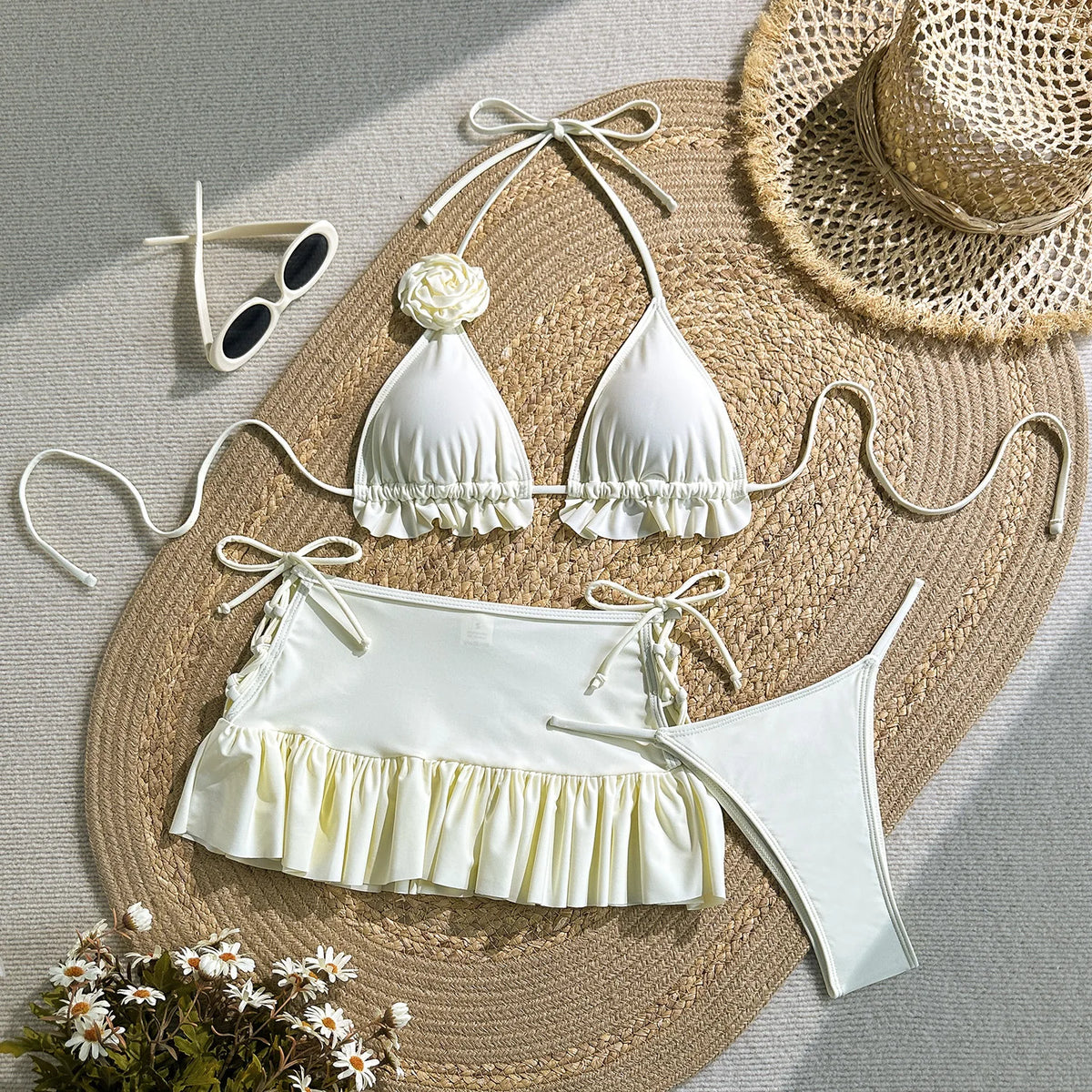 Sexy Ruffles Cover Up 3 Piece Bikinis Sets Women Black White 3D Floral Push Up Bra Thong Swimsuit Bathing Suit Swimwear 2026