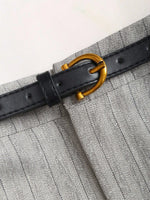 Women's Elegant Grey Striped Pleated Office Lady Pants Casual Wide Leg Loose Long Trousers Spring/Fall