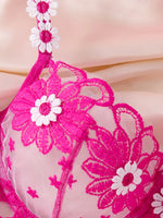Summer-exclusive rose-pink daisy lingerie set-sheer see-through floral embroidered bra+T underwear-energetic young girl ZA825086