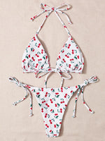 With Mesh Sarong Skirt Cherry Printed Bikini Female Swimsuit Women Swimwear Three Pieces Bikini Set Bathing Suit Swim Beachwear