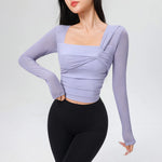 Women Square Neck Mesh Long Sleeve Crop Yoga Top Twisted Front Ruched Slim Breathable Workout Sports Shirt