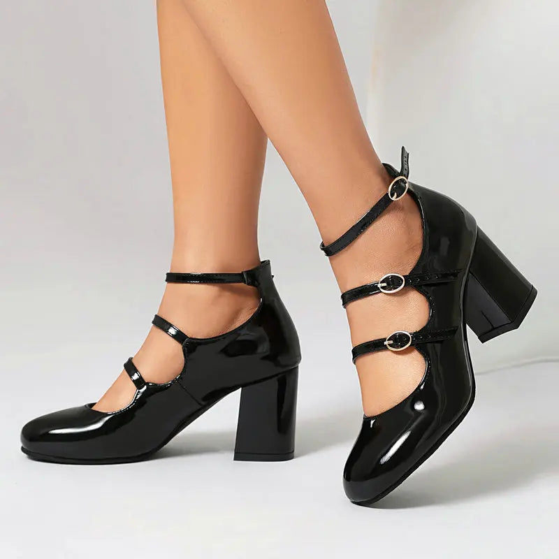 Brand New Big Size 43 Sweet Red Mary Jane Pumps Lovely 7cm High Heels Buckle Straps Party Shoes Black Office Lady Shoes Women