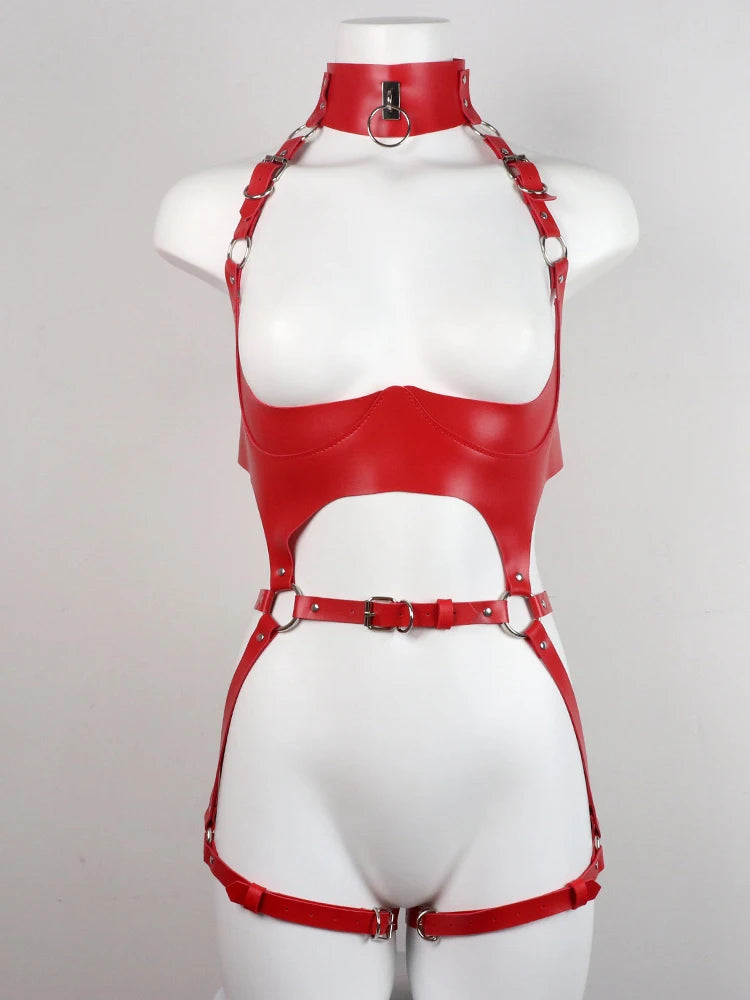 PU Leather Bondage Women Harness Outfit Adjustable Strappy Costume with Buckle Belt Thigh Straps Gothic Halloween Costume Set